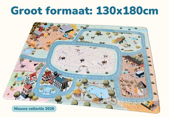 Speelmat van Mats & Joy 130x180 cm met afbeeldingen van een paardenmanege, boerderij, wegen en water.
