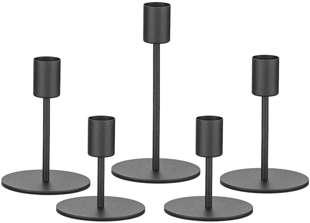Solidchoice - Set van 5 Zwarte Kaarsenhouders voor Taper Kaarsen - Ideaal voor Decoratie en Feestdagen