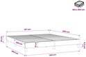 Technische tekening van een donkerbruin bedframe met afmetingen.