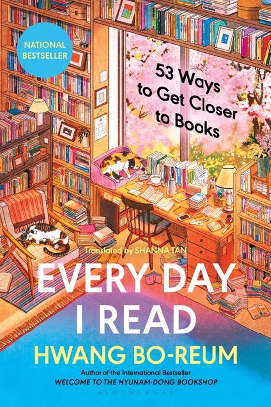 Boek kaft met 'Every Day I Read' in grote letters. Nationale bestseller, 53 manieren om dichter bij boeken te komen.