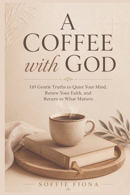 Boek 'A Coffee with God' met een mok koffie erop. Titele: A COFFEE with GOD. Ondertitel: 110 Gentle Truths to Quiet Your Mind, Renew Your Faith, and Return to What Matters. Auteur: SOFFIE FIONA.