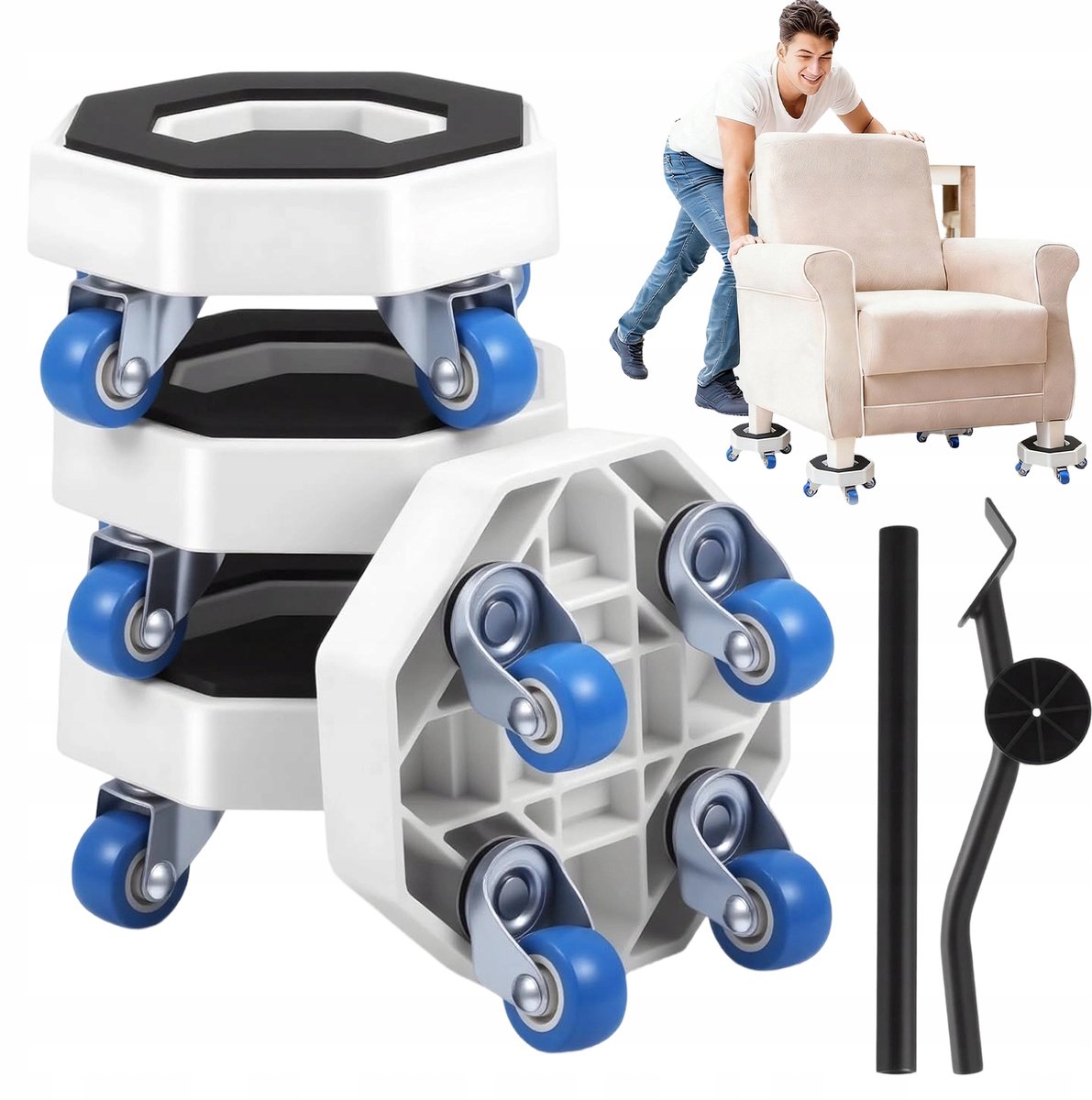 Meubelroller - Meubelverhuisset Met Wielen - Meubelverplaatser - 4 Stuks - 360° Zwenkwielen - Met Wrikstang - 500kg - 6x11 cm - Antislip - Transporthulp - Voor Meubels en Apparaten