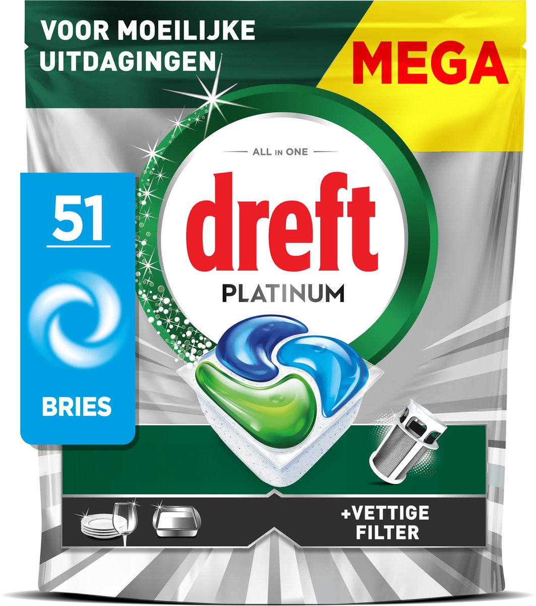 Dreft Platinum Vaatwastabletten - Krachtig Zelfs Bij Moeilijke Uitdagingen - Reinigt Vette Filters - 51 stuks