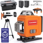 Oranje 4D kruislijnlaser met statief, laserdetector, afstandsbediening, schuimkoffer, muurbevestiging en kleine lift.