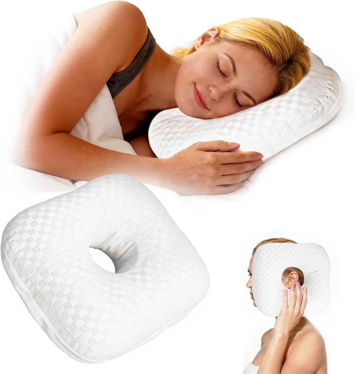 Oorkussen - Wit - 25 x 25 cm - Donutvormig Piercingkussen - Voor Zijslapers