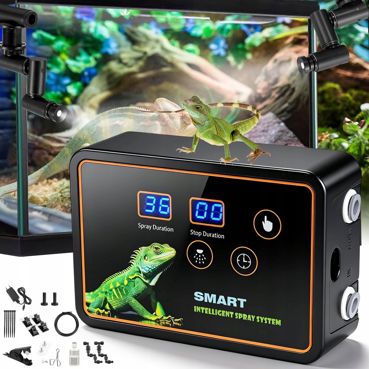 Terrarium Sproeisysteem - Intelligente Luchtbevochtiger voor Terrarium - Terrarium Bevochtiger - 360° Sproeiers & Timer & 5m Slang - Voor Reptielen & Amfibieën & Planten