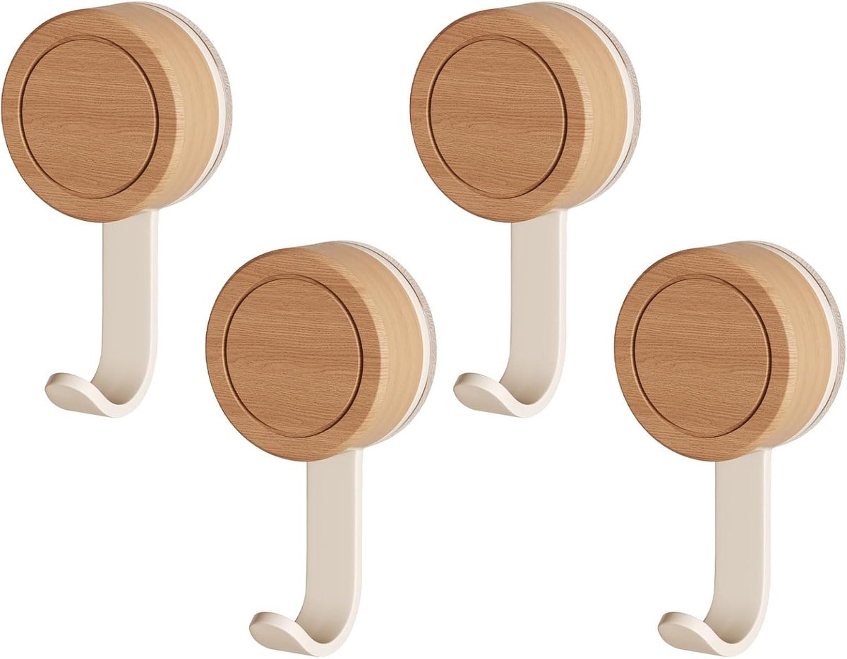 Zuignaphaken - Wit - 4 Stuks - Houten Zuignappen - Voor Badkamer en Keuken