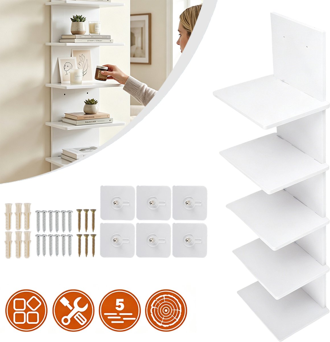 5-Laags Wandrek Met Moderne Matte Afwerking En Eenvoudige Montage - 76x18x14cm Duurzaam Spaanplaat - Voor Boeken, Planten En Decoratie in Elke Kamer - Wit