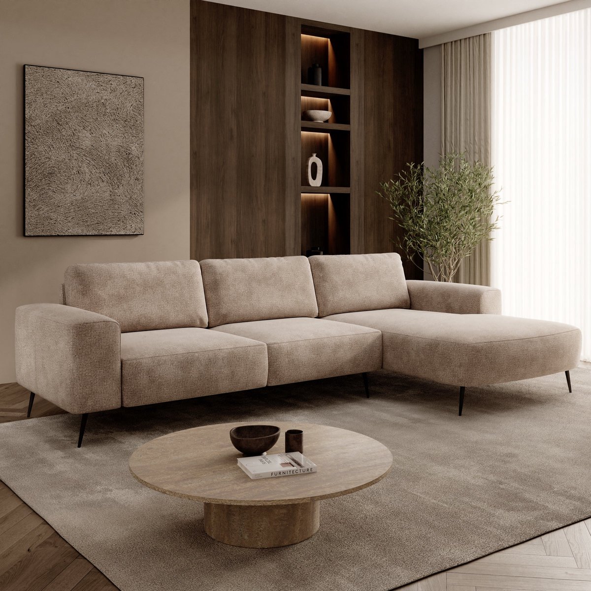 Meubella - Veldan - Hoekbank 3-zits - Stof beige - Rechts