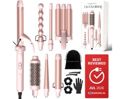 Sansbeauté® 7 in 1 Krultang met Klem en Wafeltang Haar - Keramische Haarkruller - 13mm tot 38mm - Beach Waves - Wavy Hair - Krultangen 32mm 25 mm 19 mm - Blowout Brush - Haarstyler - Hair Curler - Dunne en Dikke Crimper - Krultang Kort Haar
