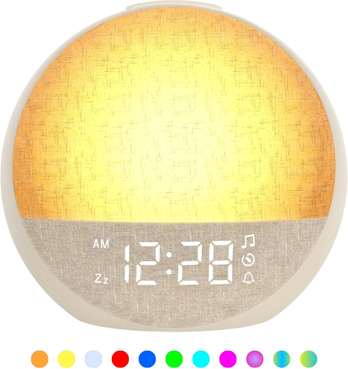 carmdering - Lichtwekker - Wake Up Light - Slaapwekker met White Noise Machine, Zonsopgang, 30 Natuurgeluiden en 11 Kleuren Nachtlampje - Snooze en Timer voor Slaapkamer