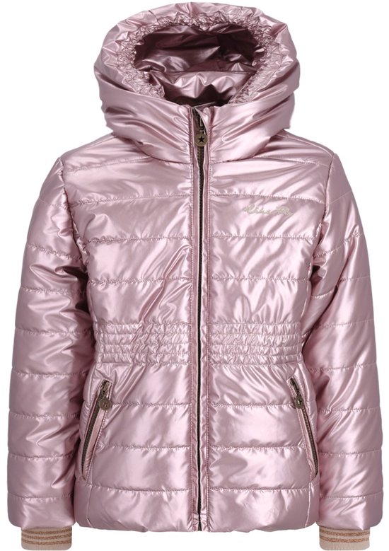 Roze glanzende pufferjas met capuchon, rits en elastische taille.