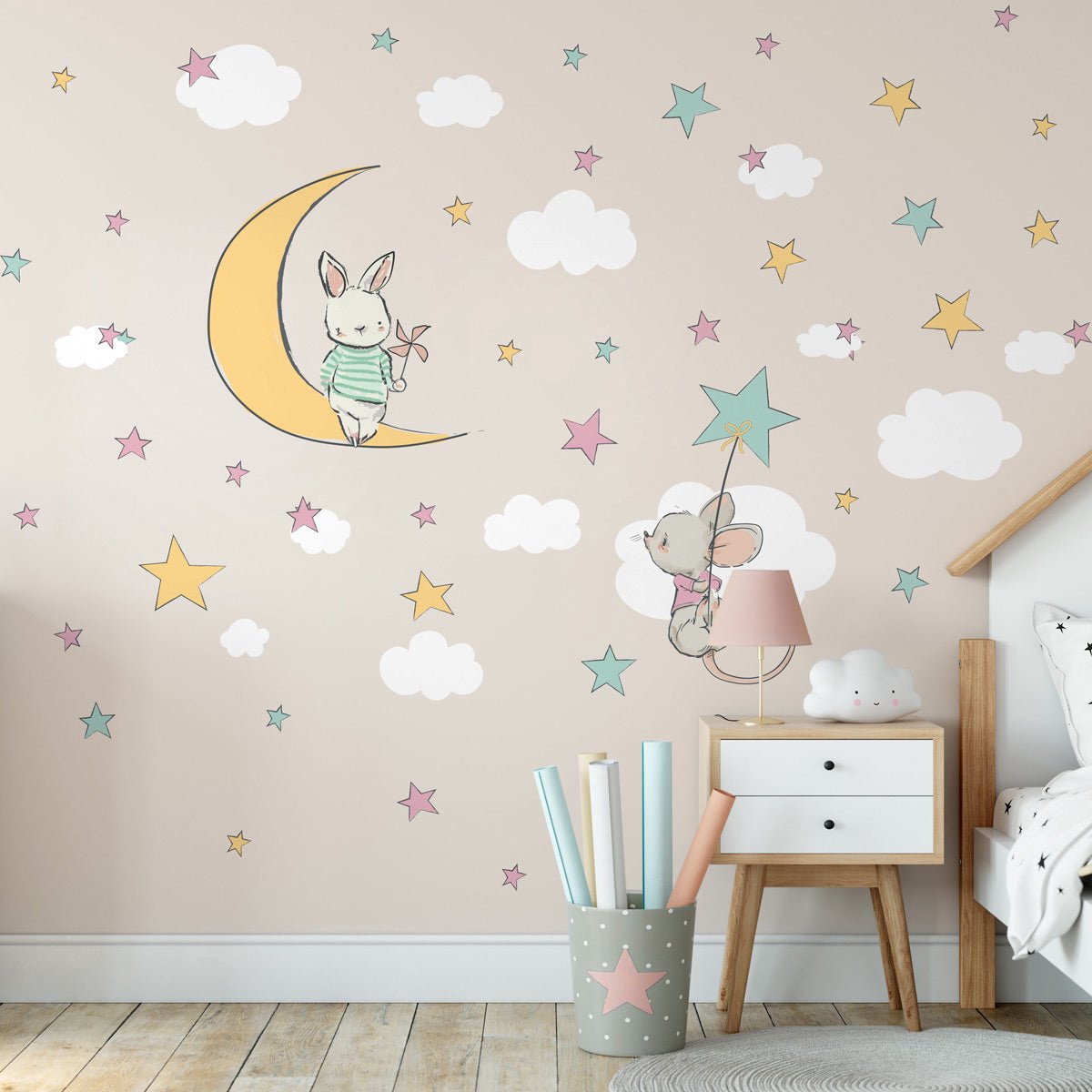 Ambiance Sticker Muurstickers - Konijn en muis die naar de sterren reiken - Zelfklevende stickers - 120x90cm Multi color