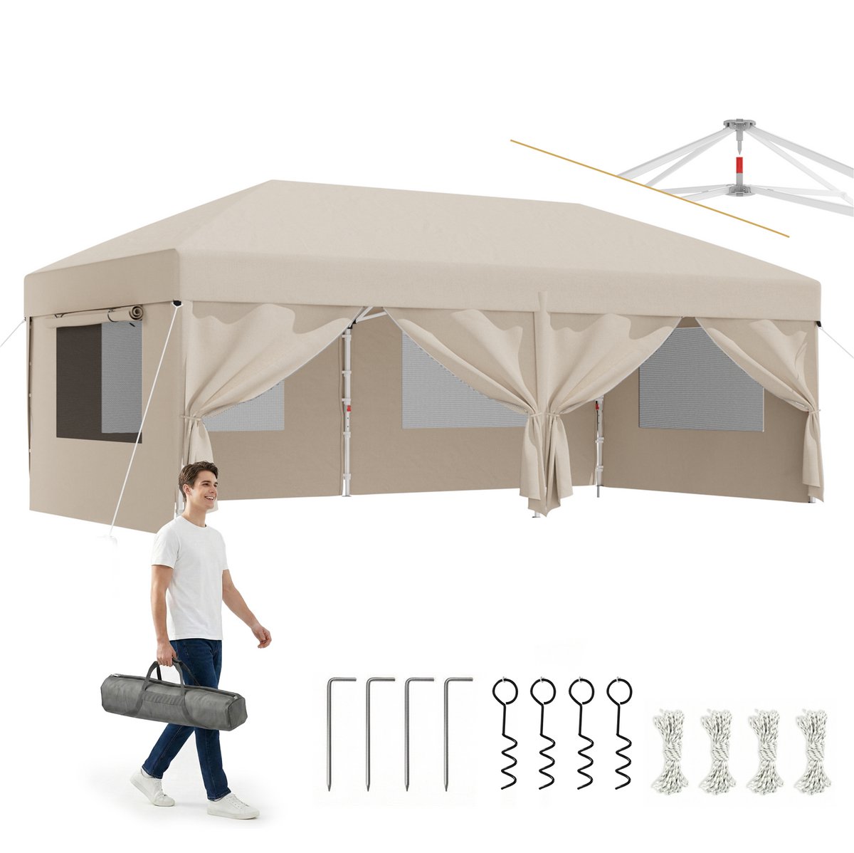 Devoko partytent–Opvouwbaar tuinpaviljoen 3x6（Raam met oprolbare hor）–pop-up tuinpaviljoen in 20 sec–Waterdicht & UV-bestendig–met opbergtas–Beige