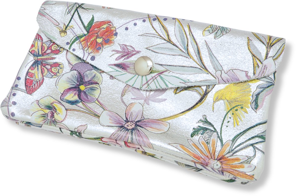 Bijoutheek Portemonnee Leer Italiaans Groot Metallic Zilver Bloem