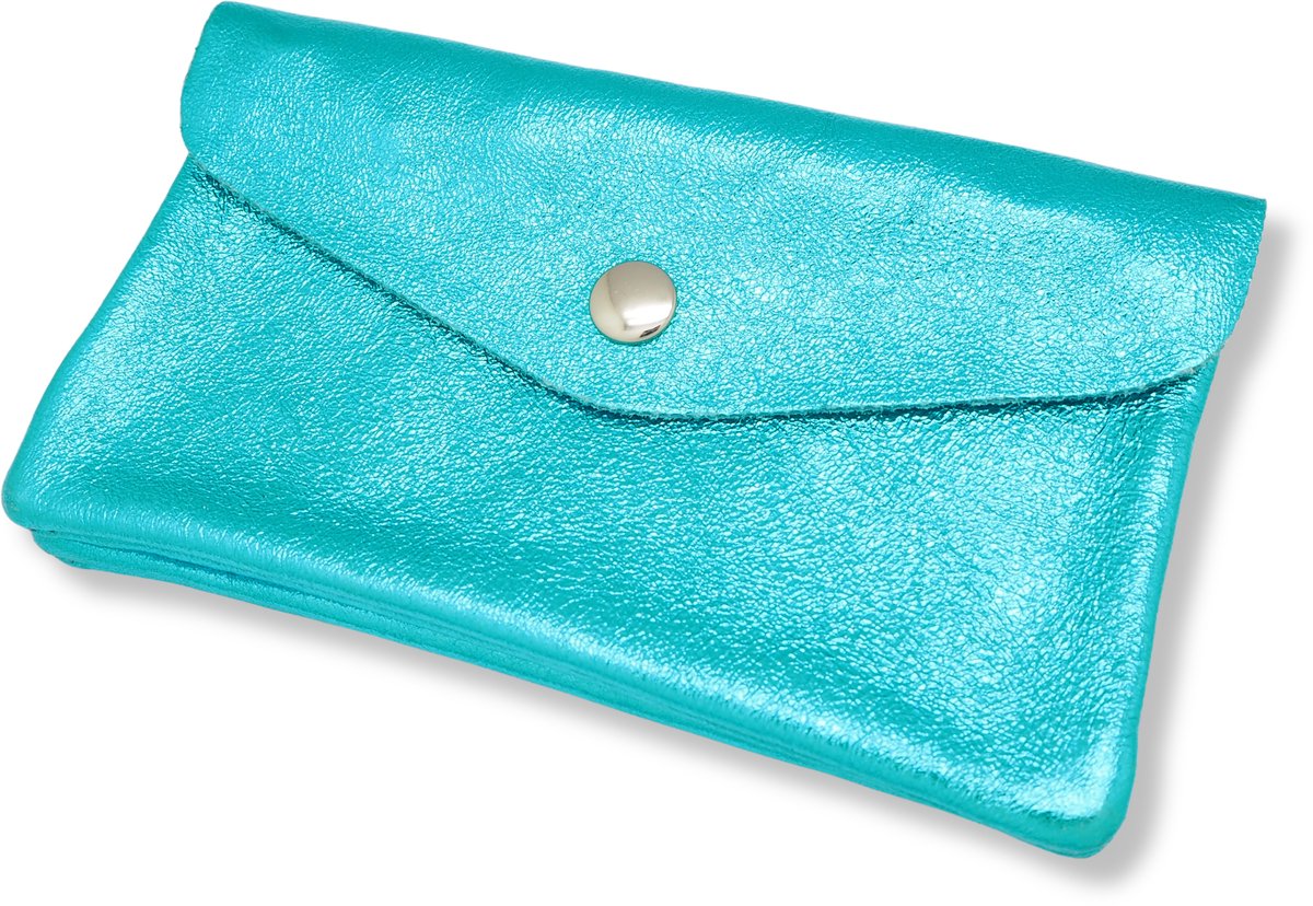 Bijoutheek Portemonnee Leer Italiaans Groot Metallic Aqua