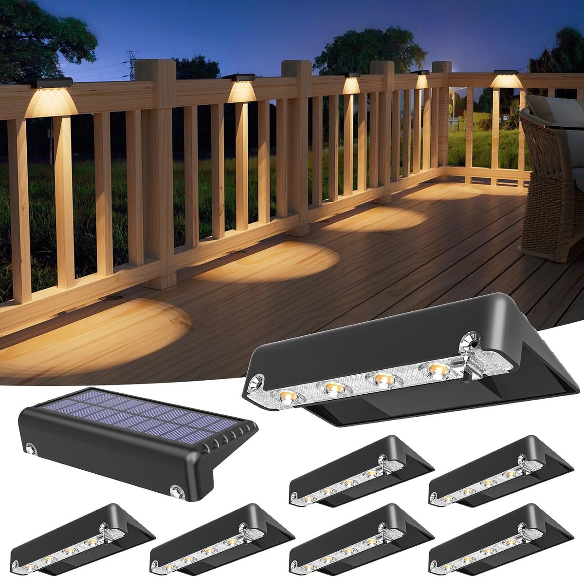 Solar Traplampen - Warmwit Gloed LED - Groot Formaat - IP65 Waterdicht - voor Dek, Trap, Schutting, Leuning, Muur - Zwart - 8 Stuks