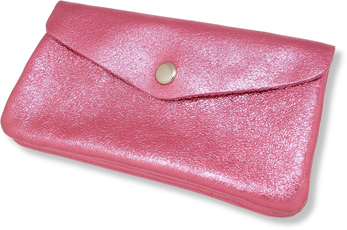 Bijoutheek Portemonnee Leer Italiaans Groot Metallic Donker Roze