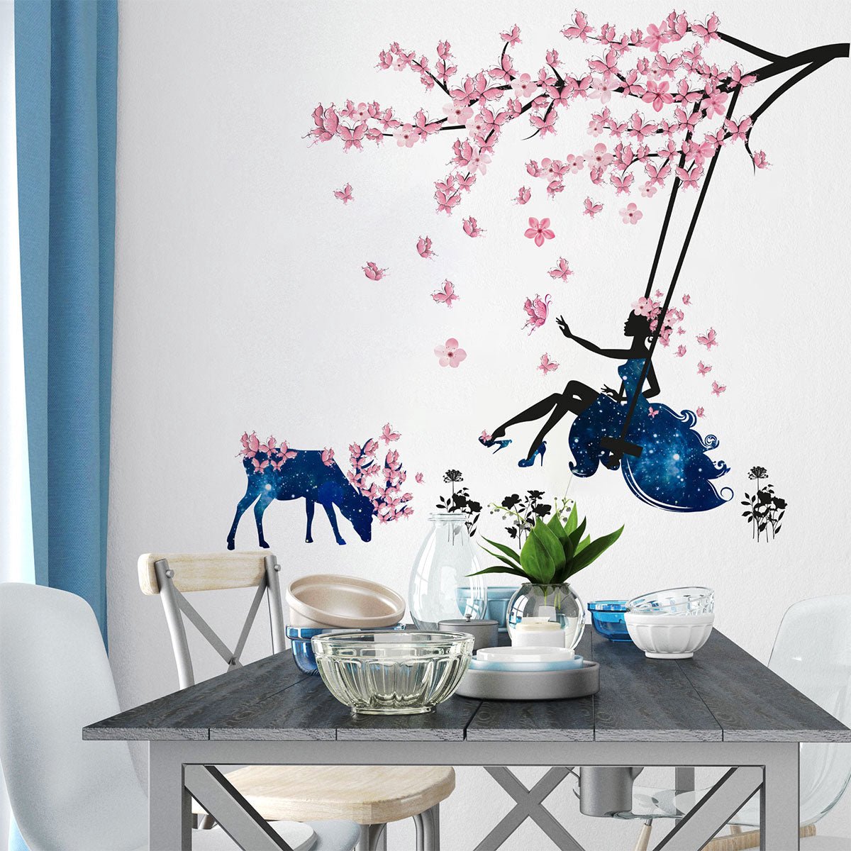 Ambiance Sticker Muurstickers - Boom, vlinders en schommel - Transparante achtergrond - 80x120cm Multi color