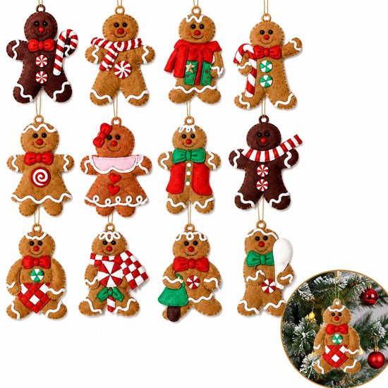 Twaalf gingerbread kersthanger figuren, met o.a. strikjes, sjaals en cadeautjes. Een cirkel toont één hanger aan een kerstboom.