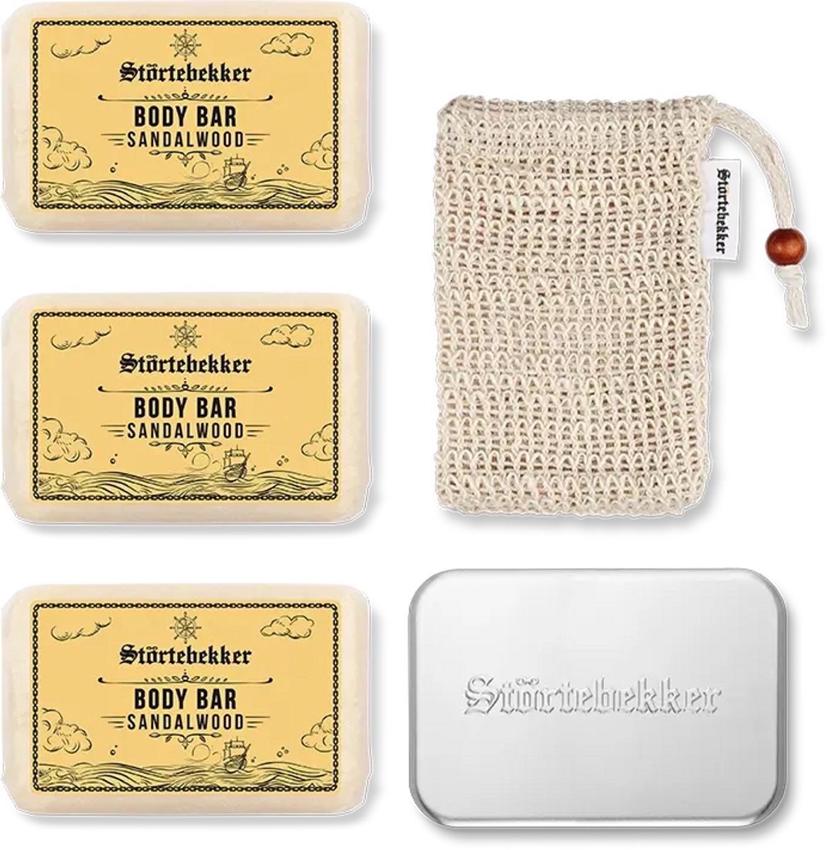Störtebekker® Premium Douche Set Body Sandelhout - Shower Set Heren met Warme, Houtige Geur - Vaste Douchezeep (3x 120g), Sisal Washandje & Zeepdoos - Vegan met Sheaboter - Handgemaakt in Nederland - Plasticvrij