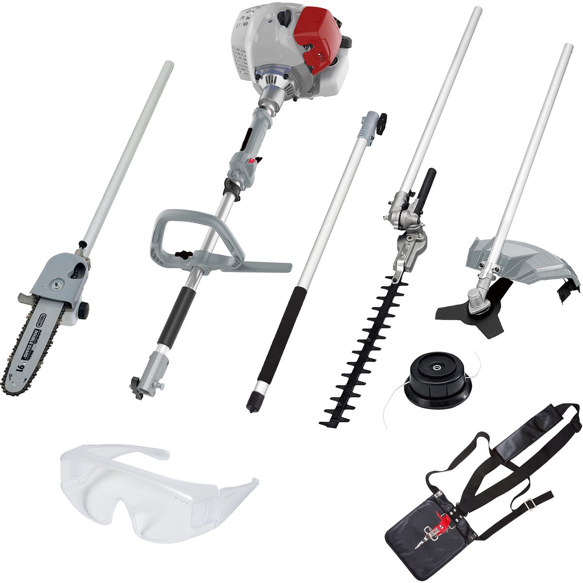 IKRA Multitool IBKH 33-1 4-in-1 benzine-bosmaaier, trimmer, takkenschaar en heggenschaar, met een veiligheidsbril