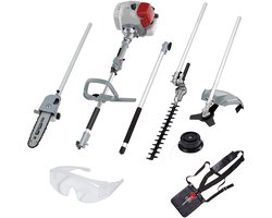 IKRA Multitool IBKH 33-1 4-in-1 benzine-bosmaaier, trimmer, takkenschaar en heggenschaar, met een veiligheidsbril
