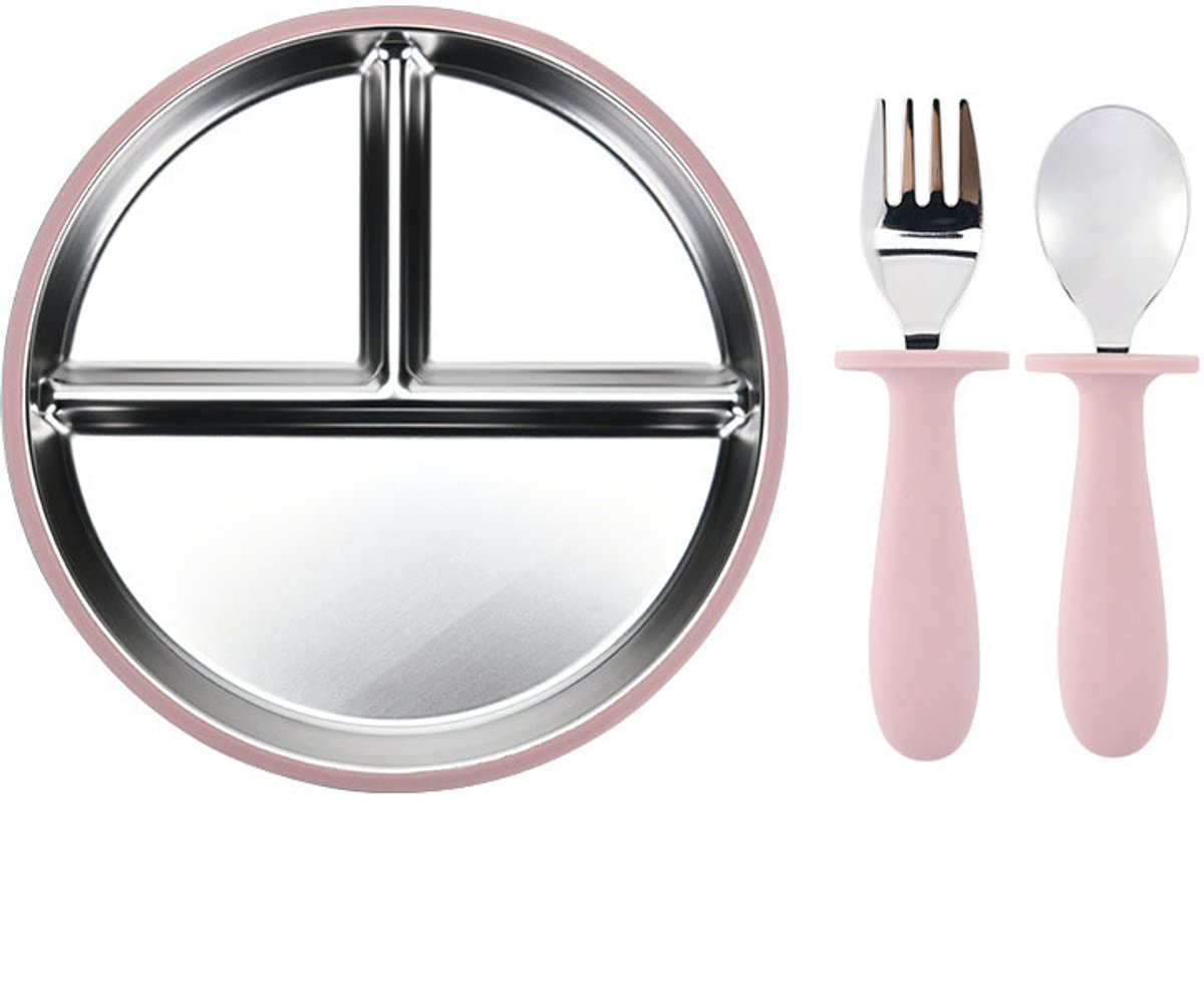 Babybordje - Babyservies set - Met vork en lepel - Met verwijderbare siliconen zuignap - Geschikt voor baby's vanaf 6 maanden - Roze