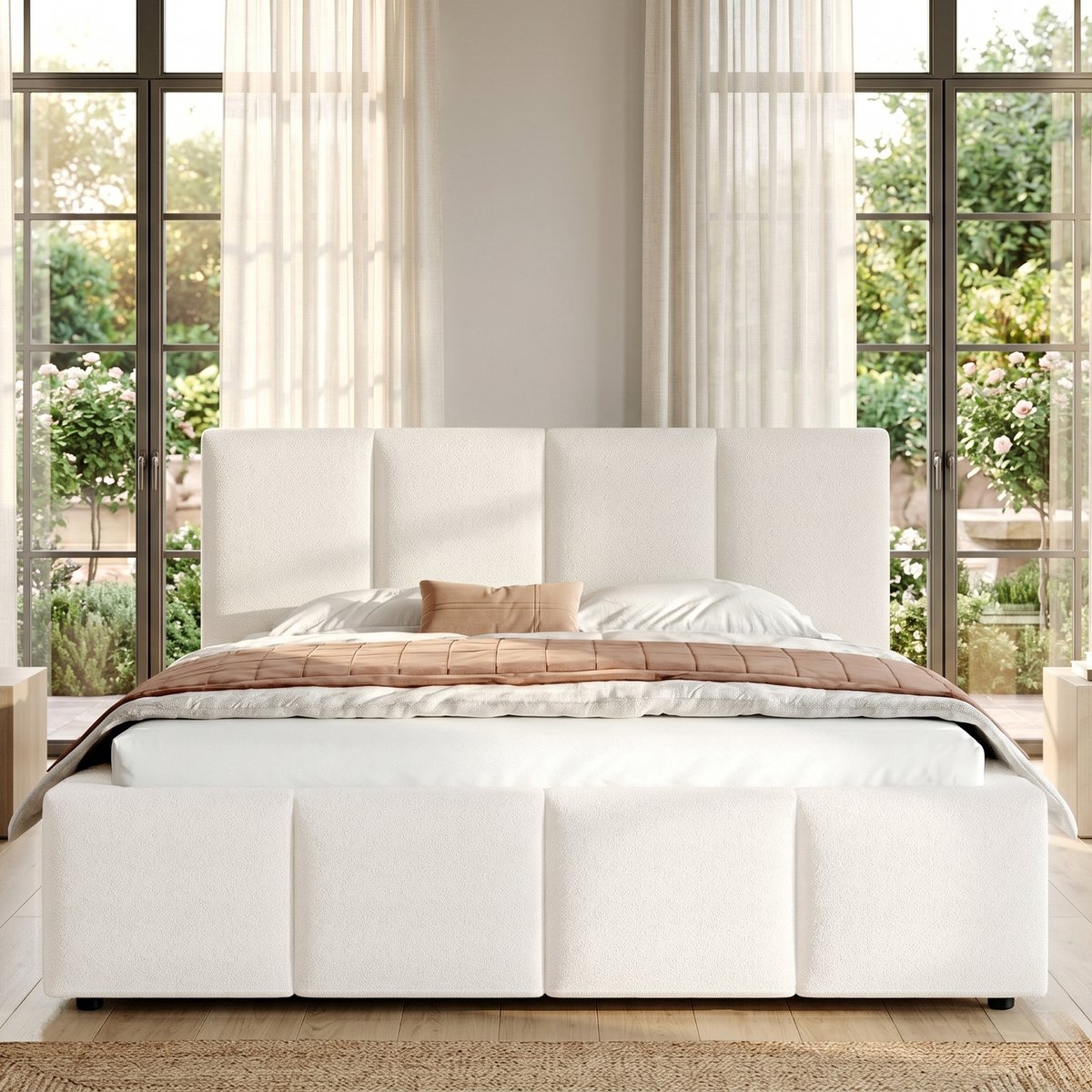 VVBV Tweepersoonsbed 160x200 cm - Gestoffeerd Hoofdbord, Met Lattenbodem - Beige, Bouclé