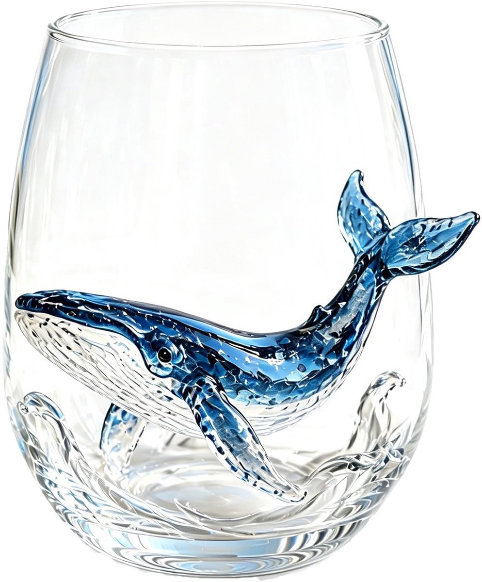 Casalora® Handgemaakt 3D Wijnglas zonder Voet – Maritiem Dier Design – Artistiek Drinkglas – Kustdecoratie – Cadeau voor Oceaanliefhebbers – Walvis