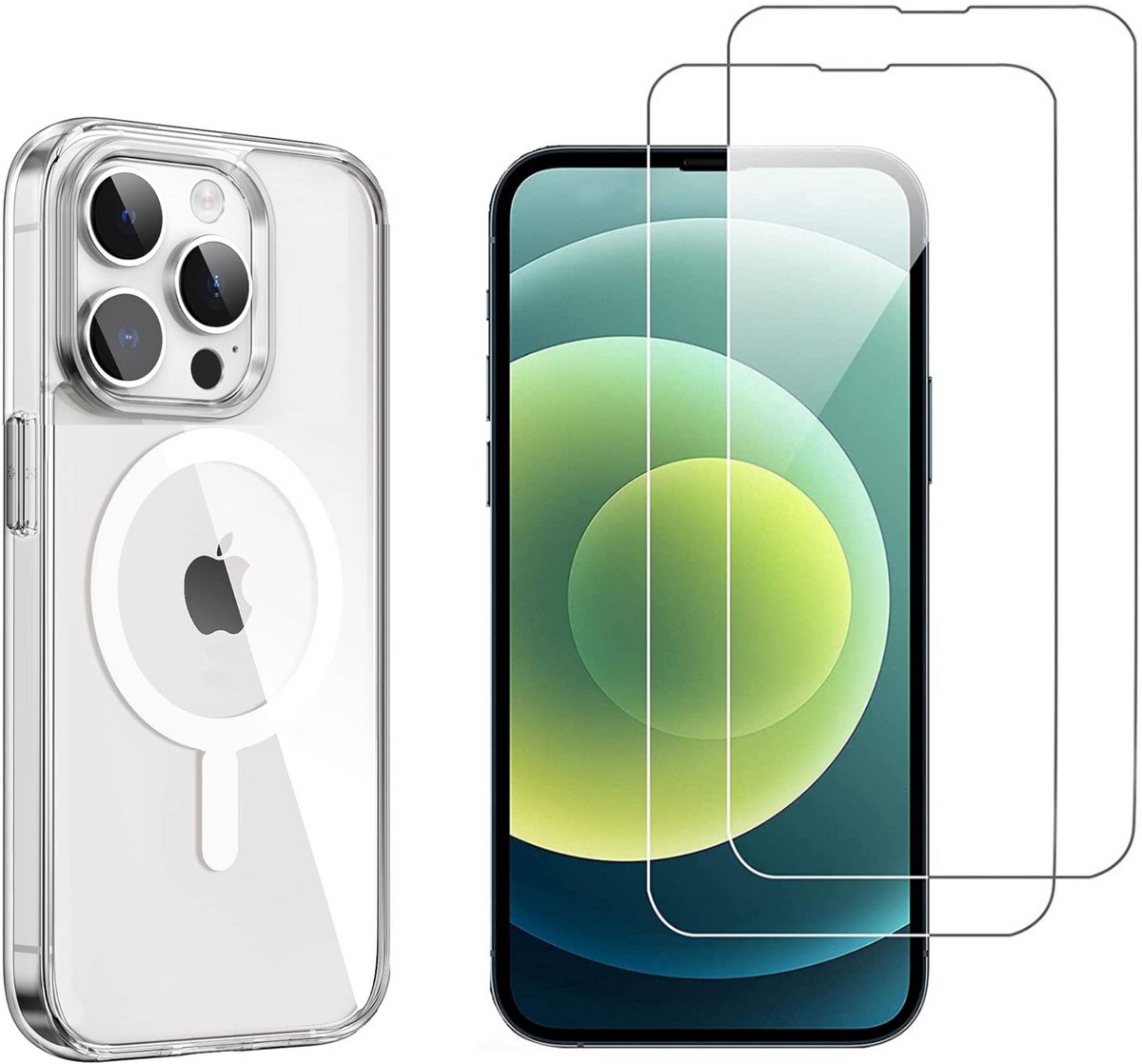 iPhone 13 PRO MAX Hoesje backcover Shockproof siliconen Transparant met geïntegreerde magnetische cirkel en 2 stuks Screenprotector Gehard Glas