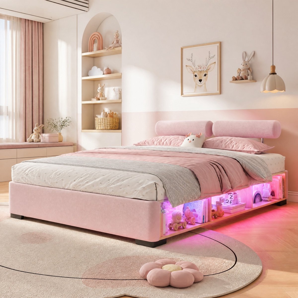 DESMIU Kinderbed 140x200 cm – Gestoffeerd Bed Met LED-Zijrek – Hoofdsteunen Aan 3 Zijden Monteerbaar – Open Opbergruimte – Voor Kinderkamer – Stof – Roze – Zonder Matras