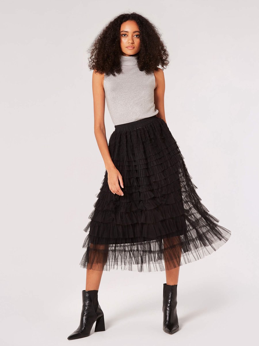 Tulle Tiered Ruffle Midi Skirt