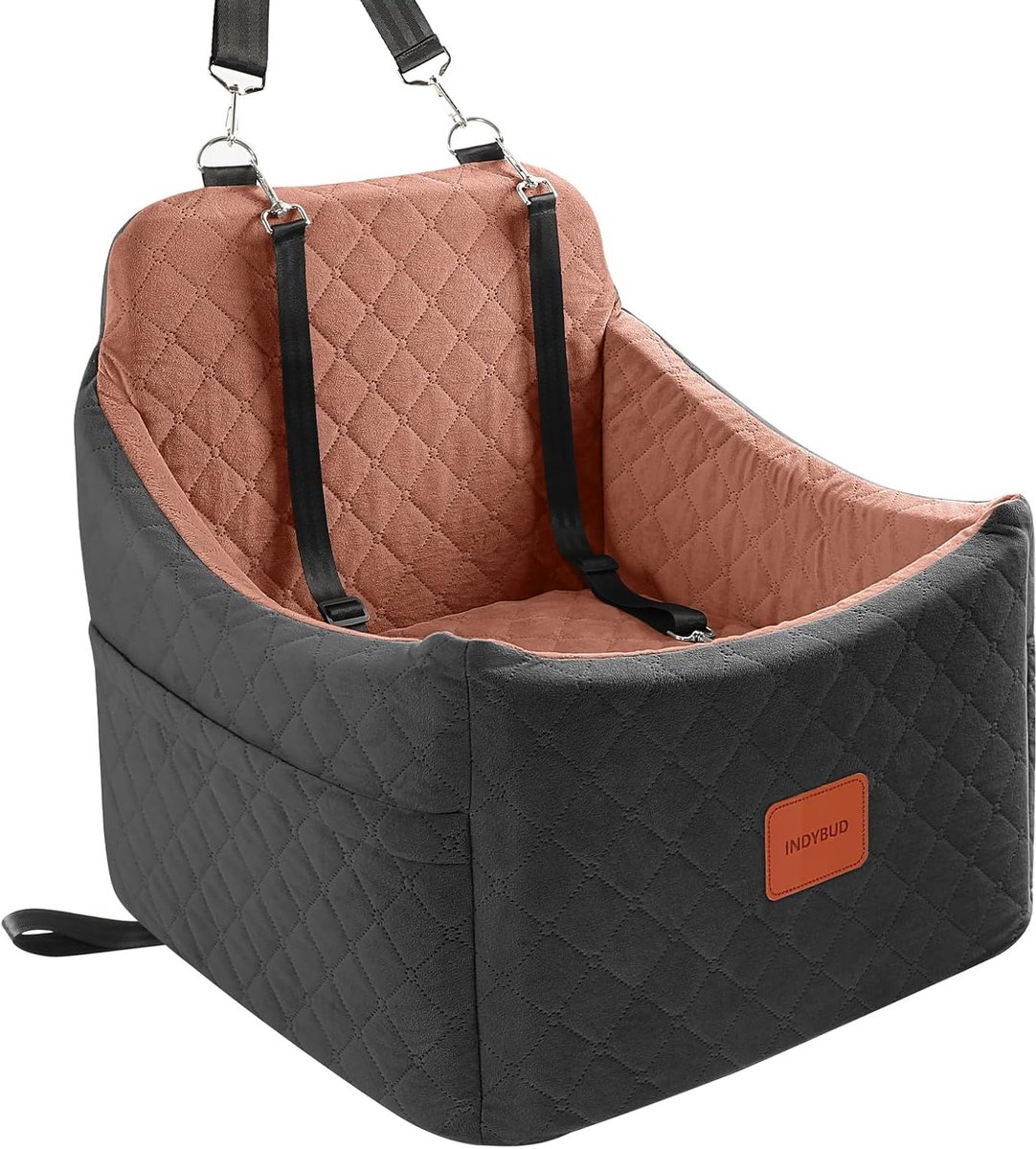 Hondenautostoel voor Kleine - Middelgrote Honden - Memory Foam Hondenverhoger - Veiligheidsautostoel voor Huisdieren met Wasbare Afneembare Hoes - Opbergvakken voor Honden tot 15 - 9 kg (Zwart - Bruin