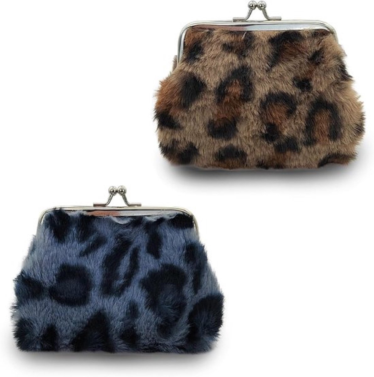 2 Stuks Pluche Muntzakjes van 10 cm, Verandermuntjes Tas voor Vrouwen en Meisjes, Mini Handtas met Klinksluiting, Luipaardpatroon, Ideaal voor Sleutels en Kleine Spullen