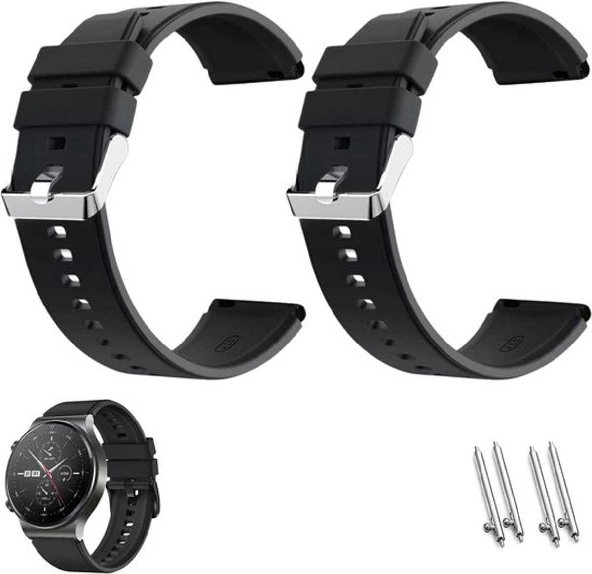 Duurzame Zwarte Siliconen Horlogebanden 20 mm - 2-Pack Sportieve Vervangband voor Smartwatches, Snelle Bevestiging, Waterdicht en Comfortabel voor Heren en Dames