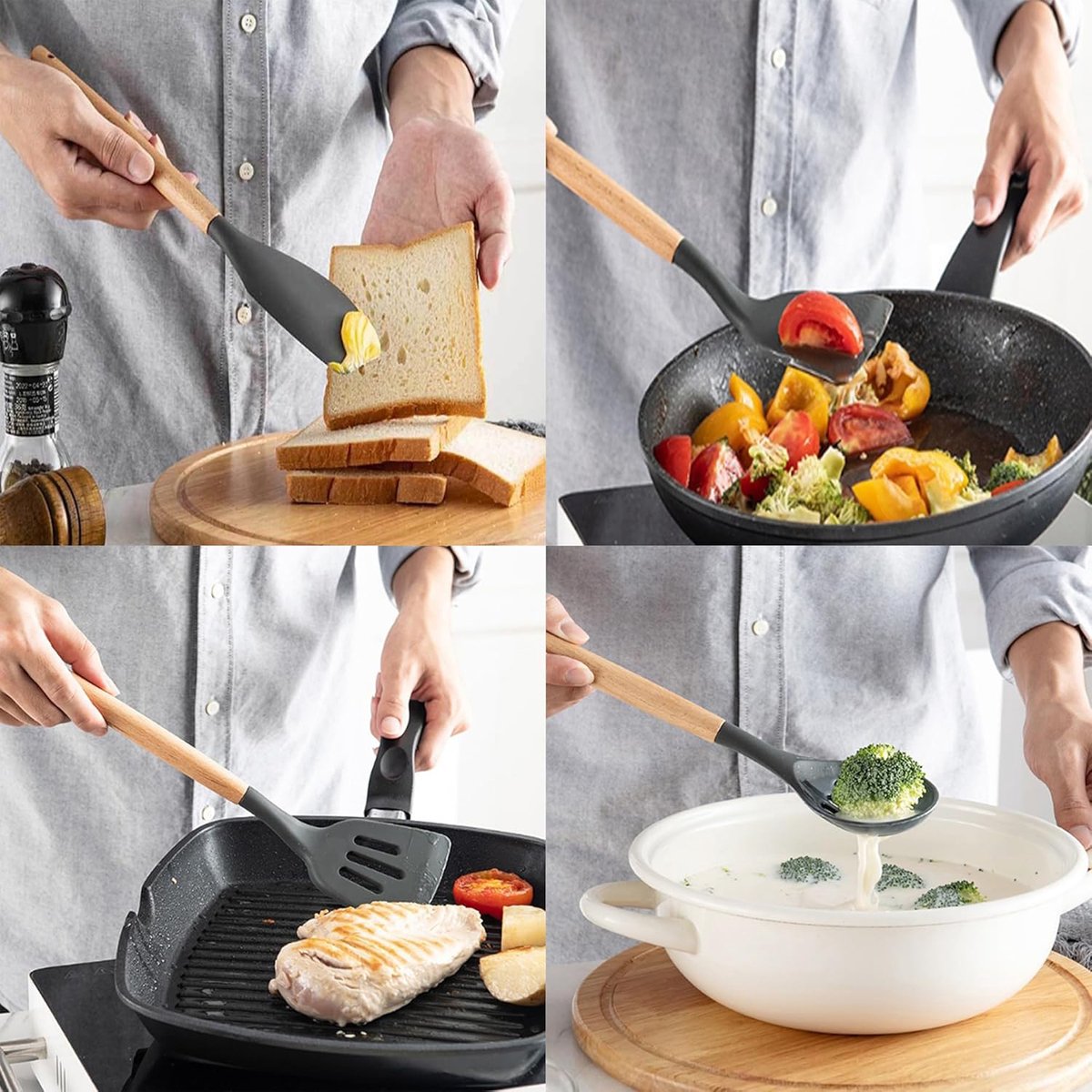 COVREO Keukengerei set 12-delig 32 x 10 x 10 cm zwart grijs houtkleur, met houder