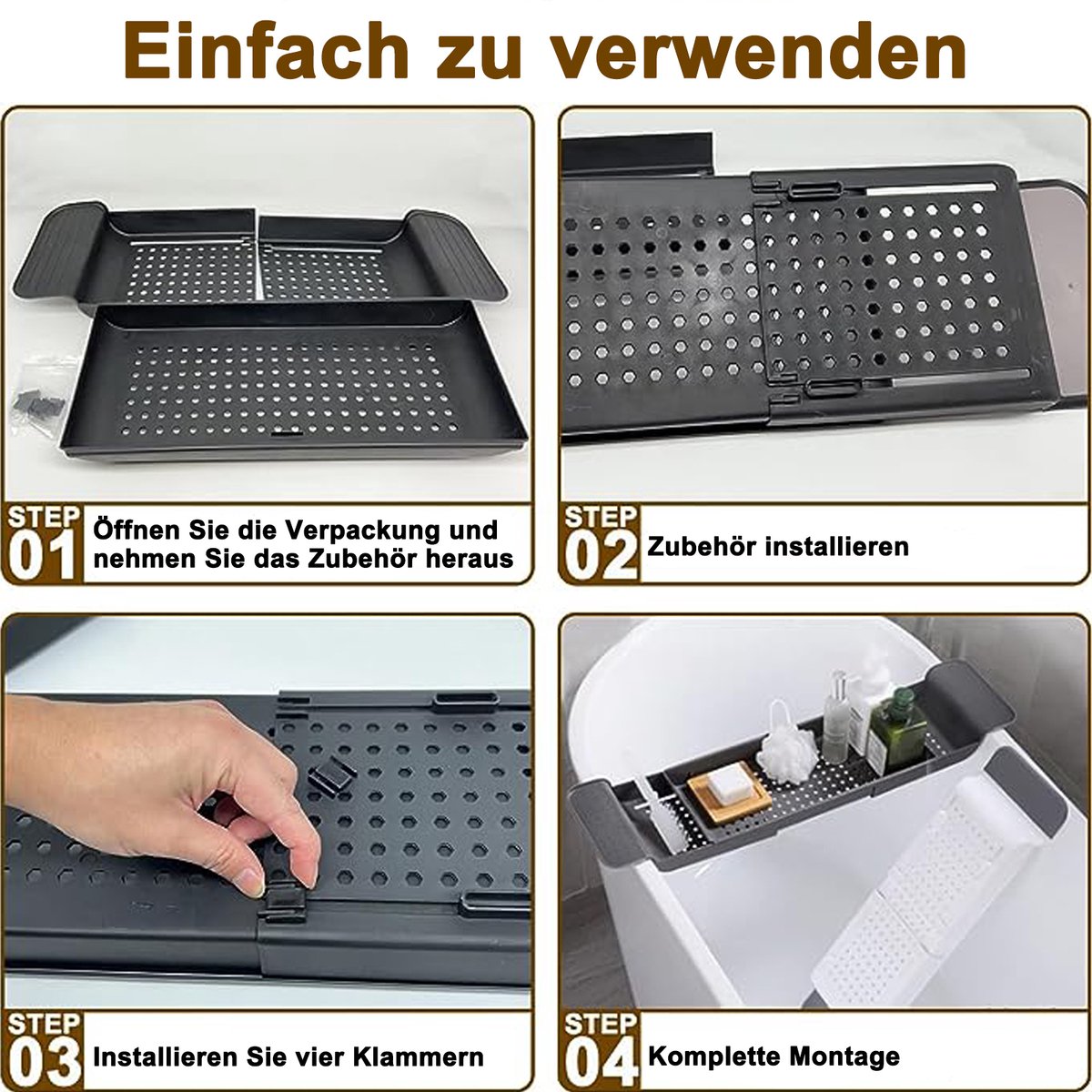 COVREO Badkuip organizer 43x19x12 cm wit, PP, uitschuifbaar en opvouwbaar