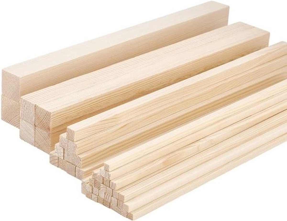 46 Stuks Houten Vierkante Pluggen en Strips van Massief Hout voor Creatief Klussen, Modelbouw en Decoratie