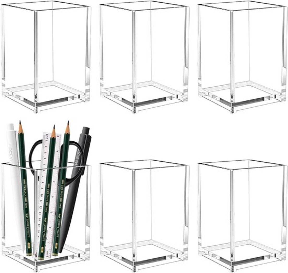 Transparante Acryl Penhouders Set van 6 - Organisator voor Potloden, Make-up en Kantoorbenodigdheden, 6.5x6.5x10cm, Ideaal voor Thuis en Op School