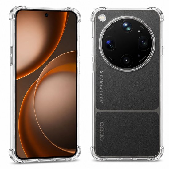 Coque de téléphone transparente avec coins renforcés. Téléphone aux motifs ronds dans des tons orange, et un dos noir avec appareil photo Hasselblad.