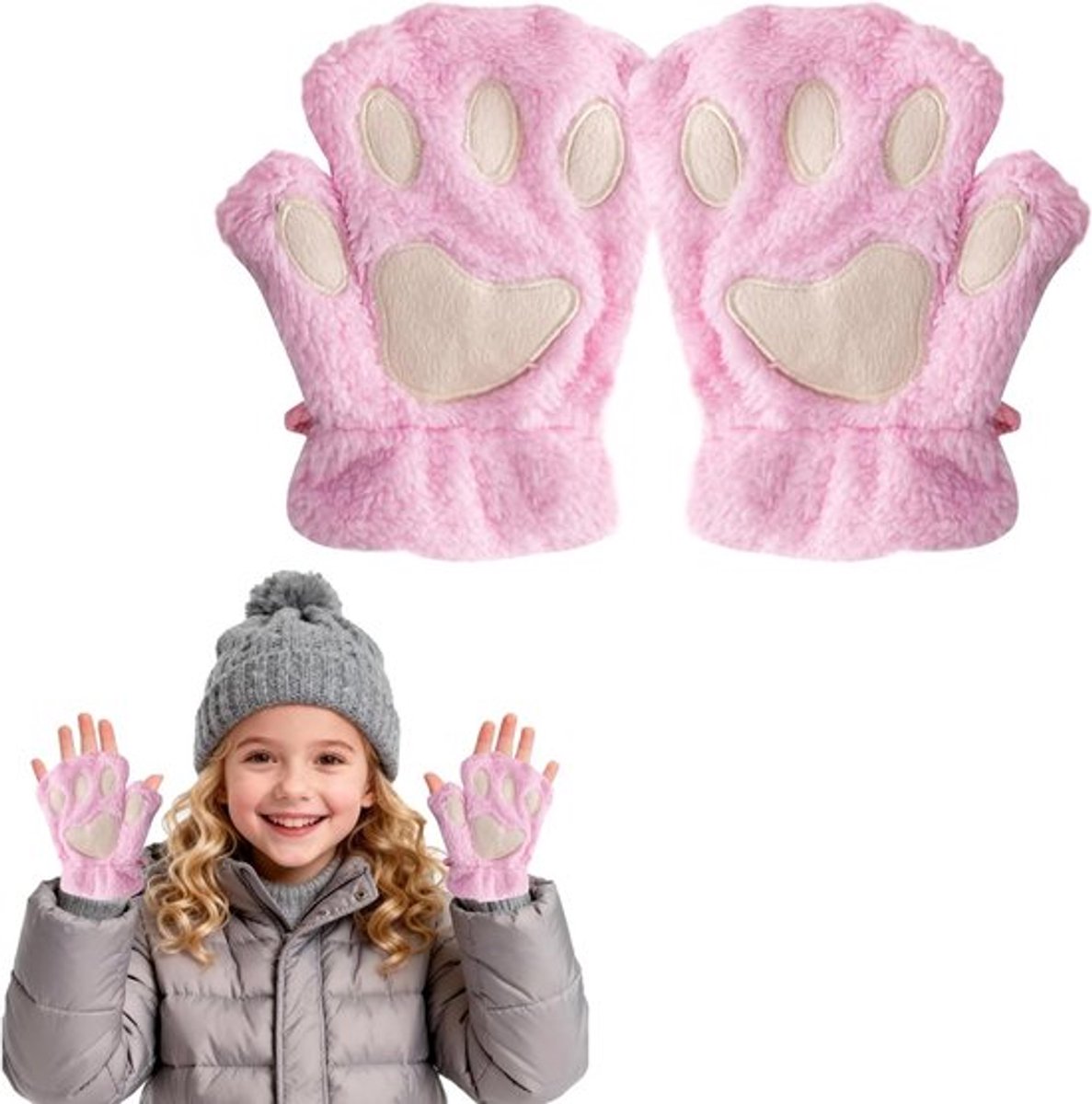 Schattige vingerloze handschoenen voor meisjes met pluche kattenpootdesign, warme winterhandschoenen voor cosplay en dagelijks gebruik, roze 6.7 inch
