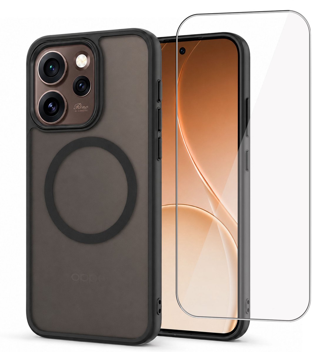Hoesje + Screenprotector geschikt voor OPPO Reno 15 Pro 5G Hoesje - Shock Proof Case geschikt voor Magsafe - Magnetisch - Gehard Glas- Zwart