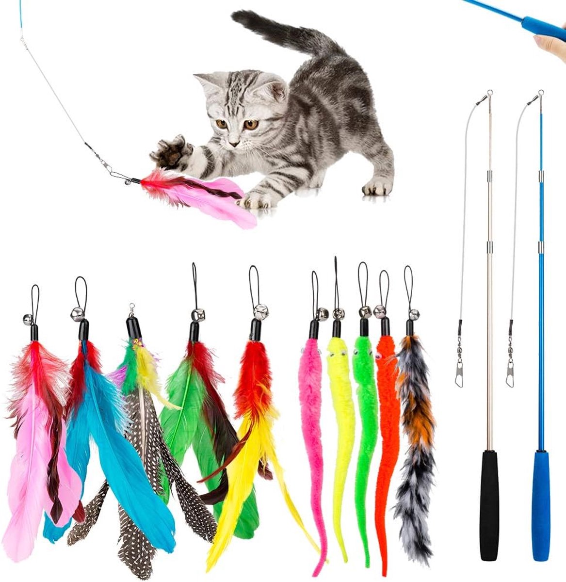 Kattenspeelgoed - Katten Interactief Veer Speeltje - Telescopische Kattenstok met Vervangbare Toppers - 12 stuks