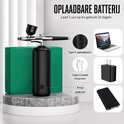 Zwarte draadloze airbrushset met accessoires en laadindicatie.
