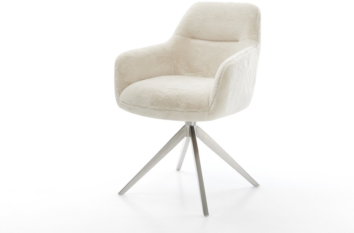 Eetkamerstoel Pejo-Flex kruisframe breed roestvrij staal pluchen crème-wit 360° draaibaar rocker-functie pocketveer kern