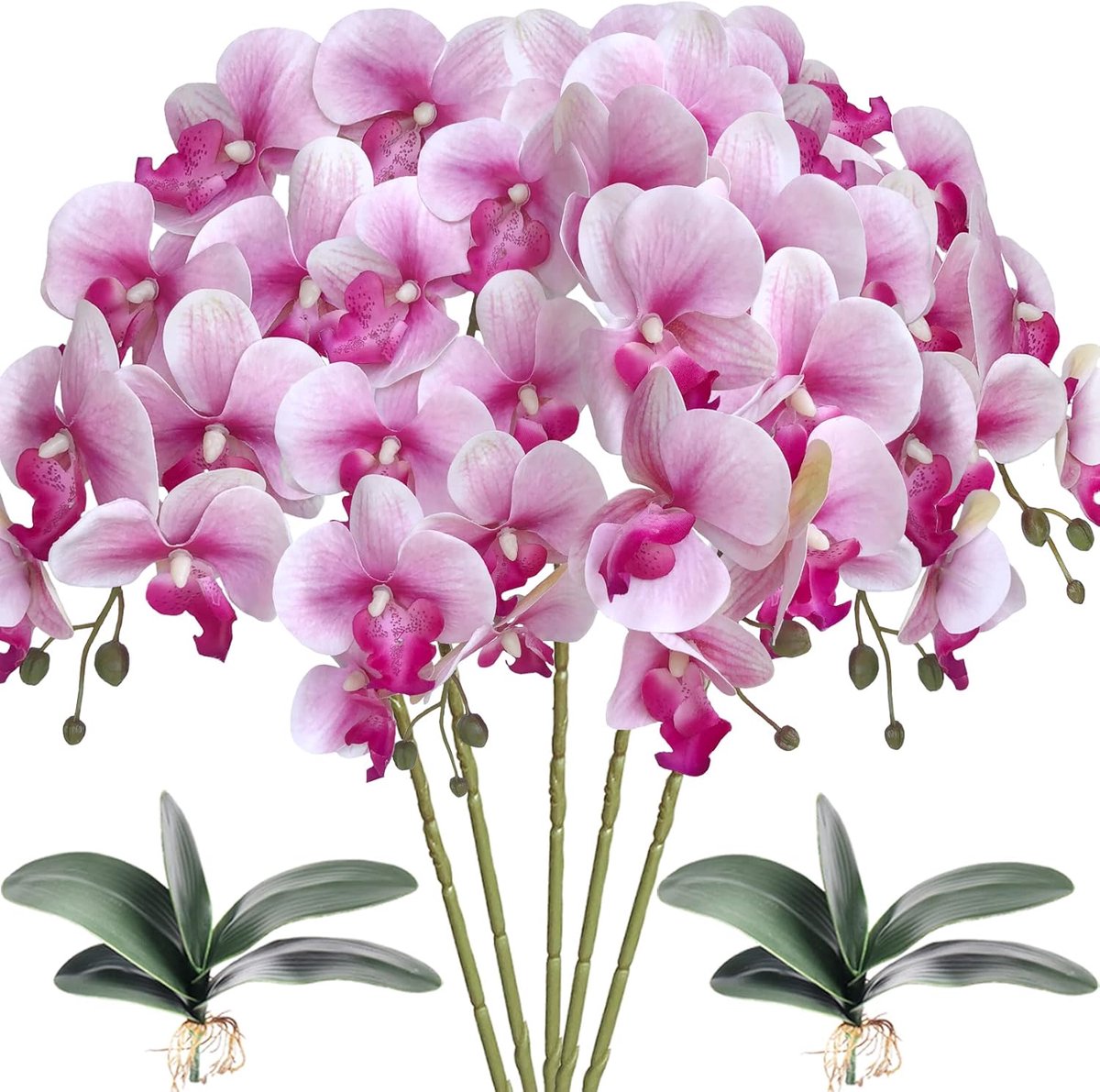 HinyoCo 5pcs Artificial Phalaenopsis Flowers and 2 Bundles Leaves, Artificial Orchid Flowers with 2 Bundles Leaves - ShopVlot