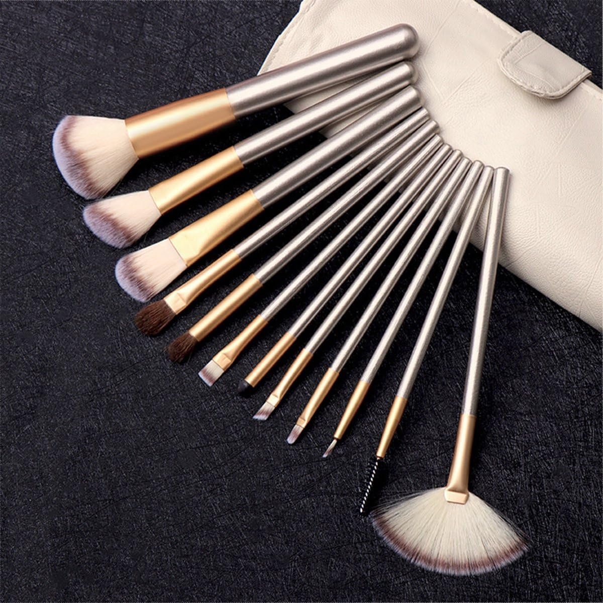 Evvie Professional Makeup Brush Set - 12 pieces - Beige-Gold - in Pouch - ShopVlot