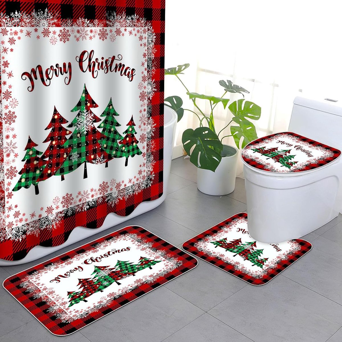 APROPHIC 4-Piece Christmas Shower Curtain Set Christmas Tree Red Checkered Bathroom Set with Shower Curtain & Area - ShopVlot