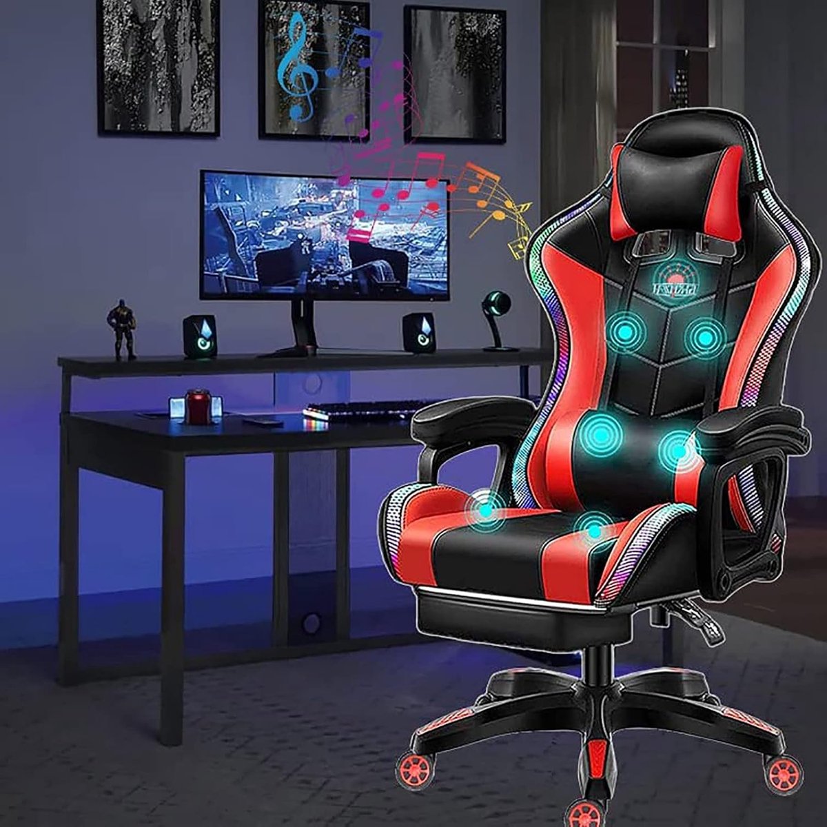 Gaming Chair with LED Lights and Speakers Computer Chair with Footrest and Lumbar Support Ergonomic High Back Office - ShopVlot